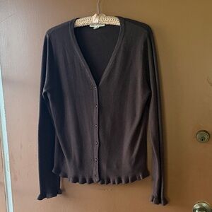Carolyn Taylor Chocolate Cardigan with lettuce edge and matching pearl buttons